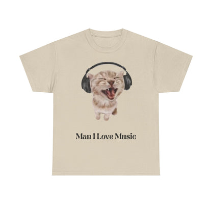 Cat Headphones Unisex Tee - Funny 'Man I Love Music' Design